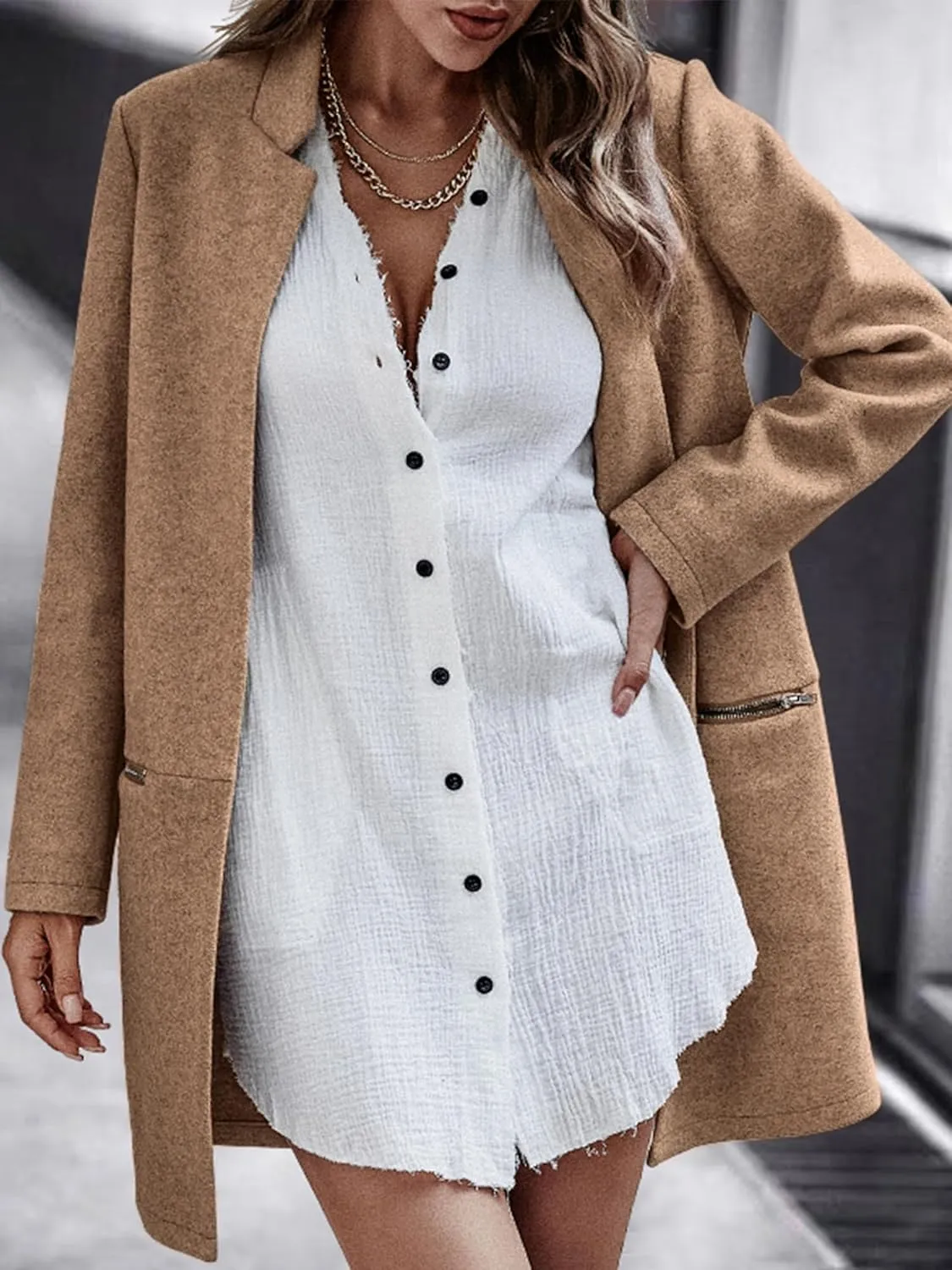 Angashion Women’s Coat, Long Sleeve Stand Collar Cardigan Mid-Long Open Front Outwear Overcoat with Zipper Pockets