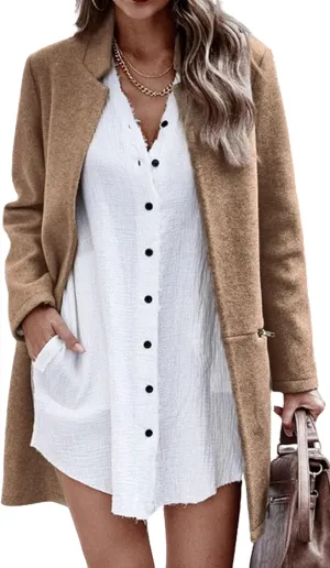 Angashion Women’s Coat, Long Sleeve Stand Collar Cardigan Mid-Long Open Front Outwear Overcoat with Zipper Pockets