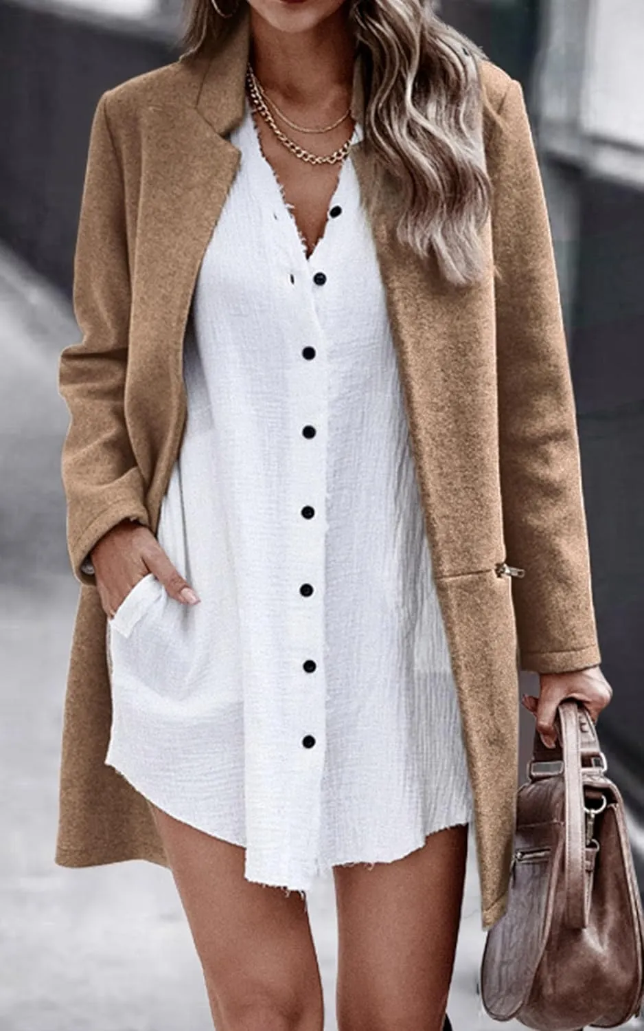 Angashion Women’s Coat, Long Sleeve Stand Collar Cardigan Mid-Long Open Front Outwear Overcoat with Zipper Pockets