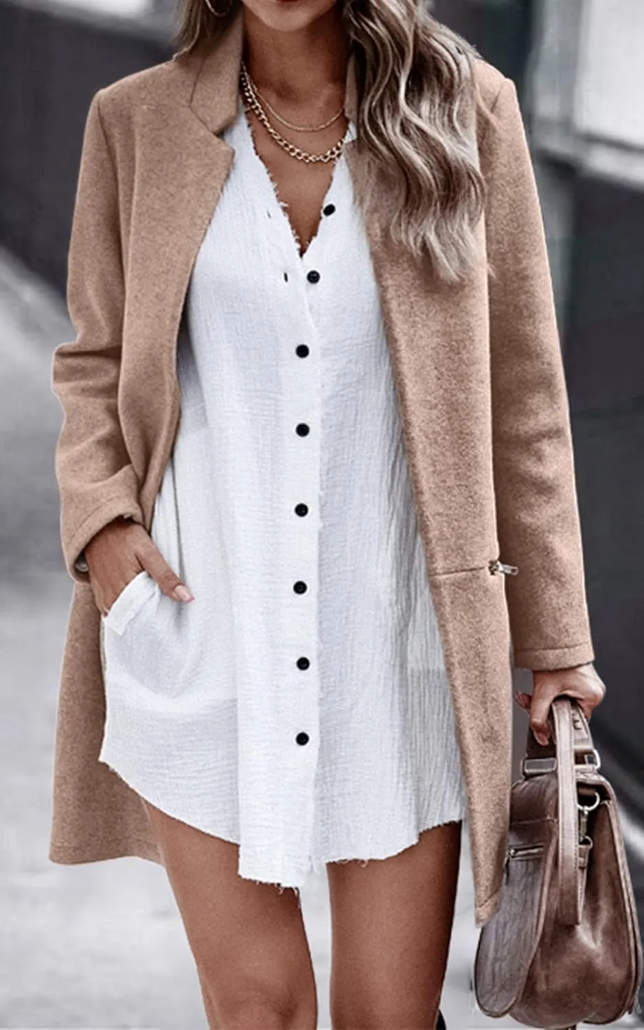 Angashion Women’s Coat, Long Sleeve Stand Collar Cardigan Mid-Long Open Front Outwear Overcoat with Zipper Pockets