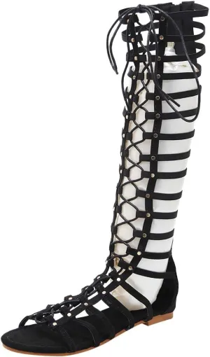ANUFER Women Knee High Gladiator Sandals Boots Flat Lace Up Zip Roman Strappy Sandals