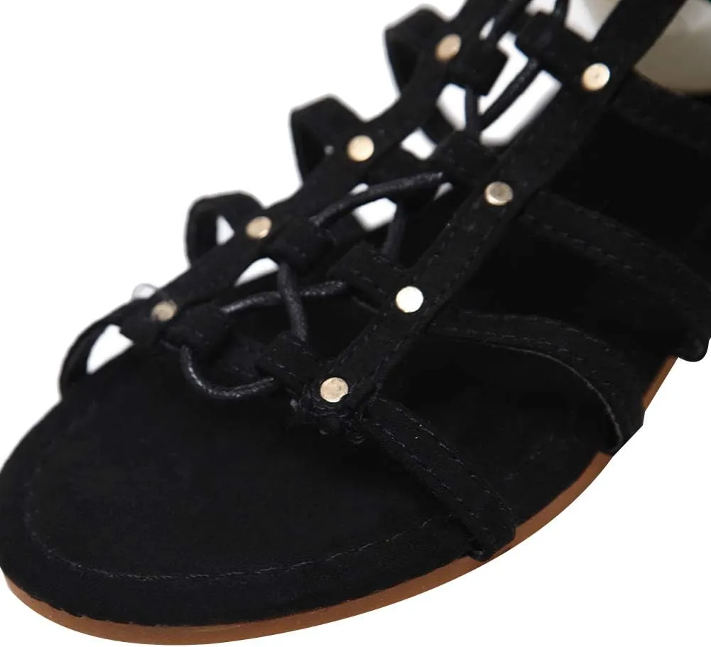 ANUFER Women Knee High Gladiator Sandals Boots Flat Lace Up Zip Roman Strappy Sandals