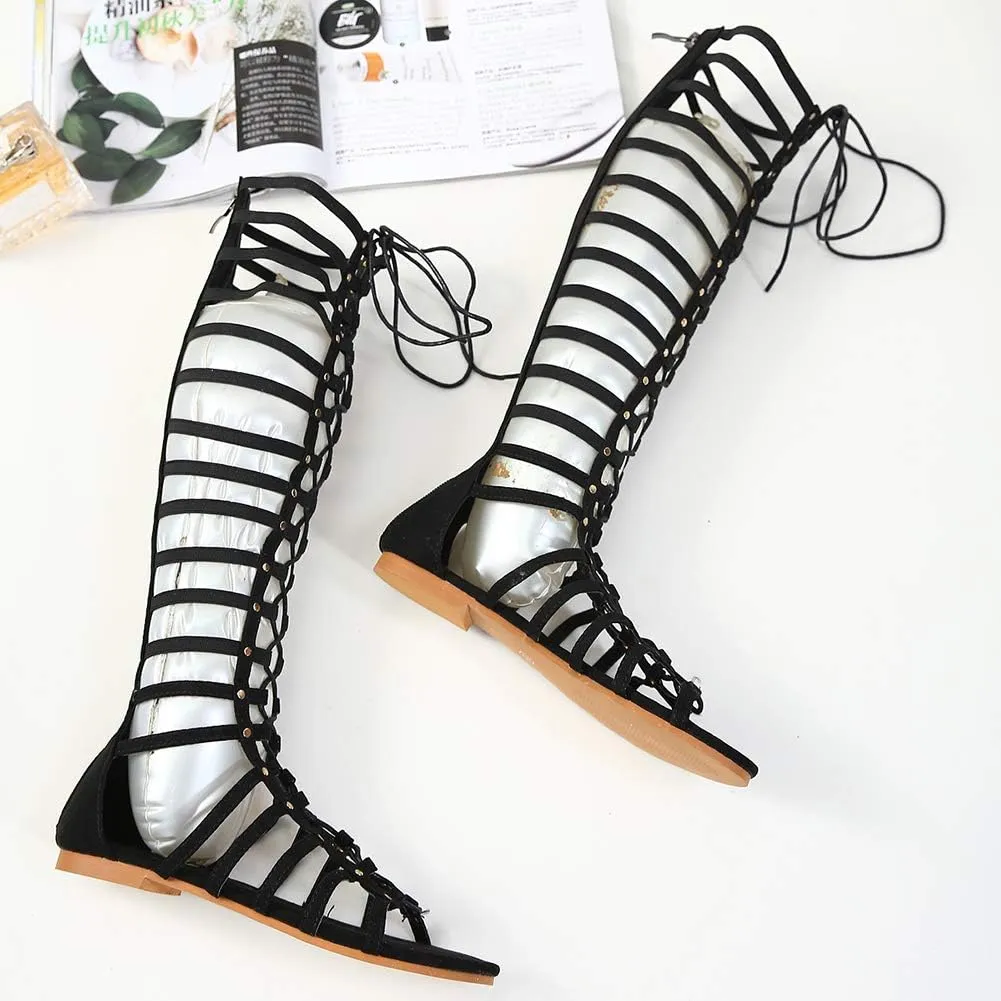 ANUFER Women Knee High Gladiator Sandals Boots Flat Lace Up Zip Roman Strappy Sandals