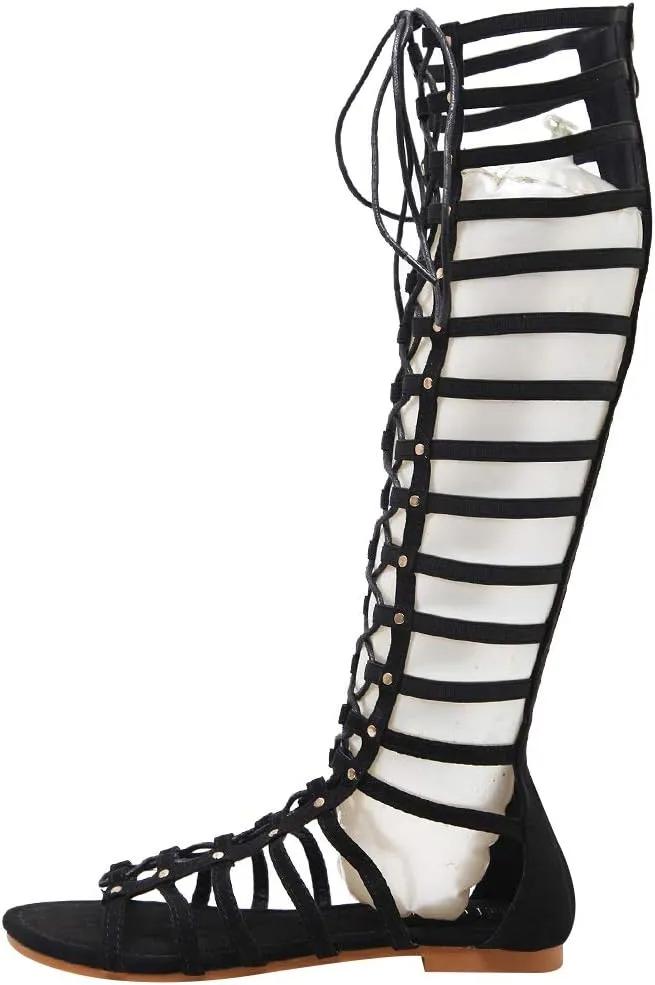 ANUFER Women Knee High Gladiator Sandals Boots Flat Lace Up Zip Roman Strappy Sandals
