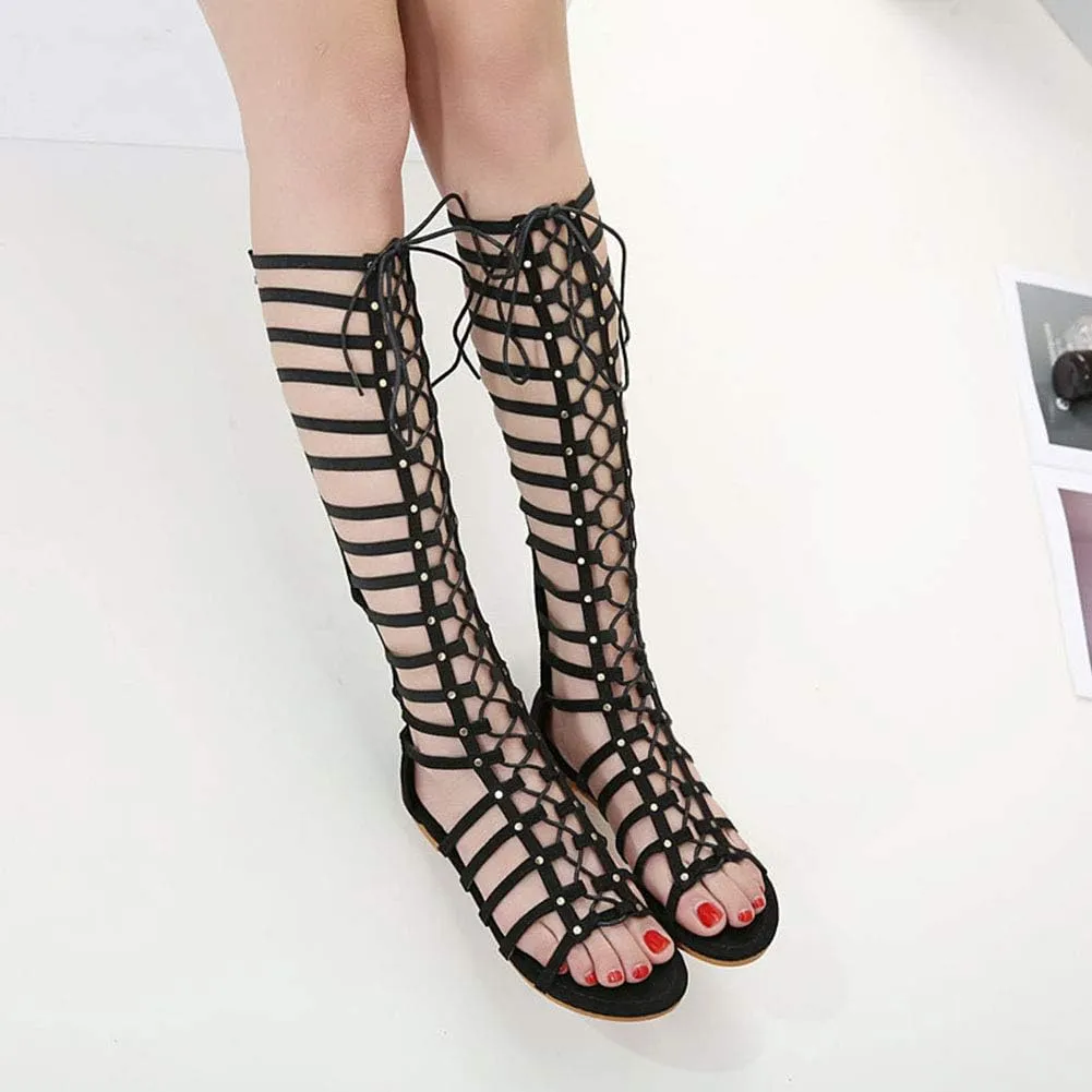 ANUFER Women Knee High Gladiator Sandals Boots Flat Lace Up Zip Roman Strappy Sandals
