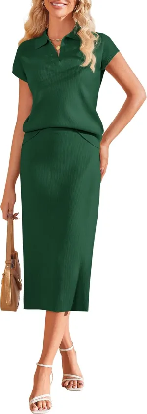 Arach&Cloz Summer Skirt Sets Women 2 Piece Knit Outfits Short Sleeve Polo Shirts 2025 Fashion Midi Skirt Matching Sets