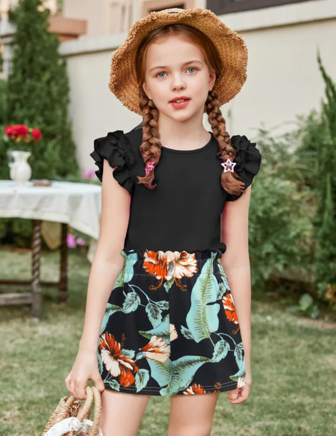 Arshiner Girls 2 Piece Outfits Summer Clothes Ruffle Short Sleeve Shirts Top and High Waist Paper Bag Shorts Set