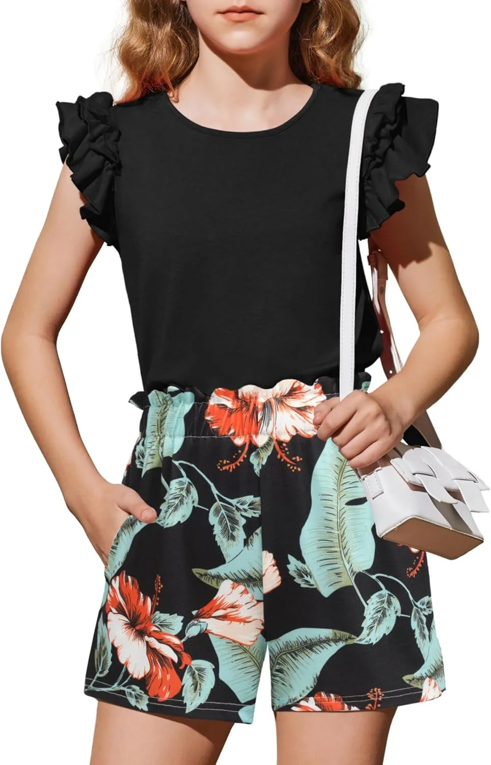 Arshiner Girls 2 Piece Outfits Summer Clothes Ruffle Short Sleeve Shirts Top and High Waist Paper Bag Shorts Set