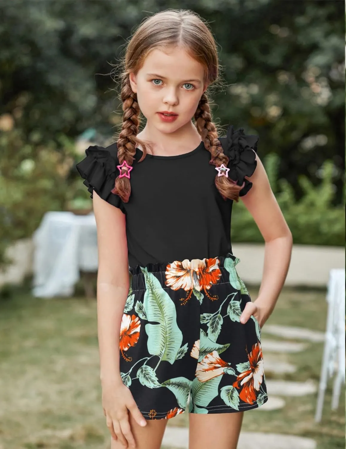 Arshiner Girls 2 Piece Outfits Summer Clothes Ruffle Short Sleeve Shirts Top and High Waist Paper Bag Shorts Set