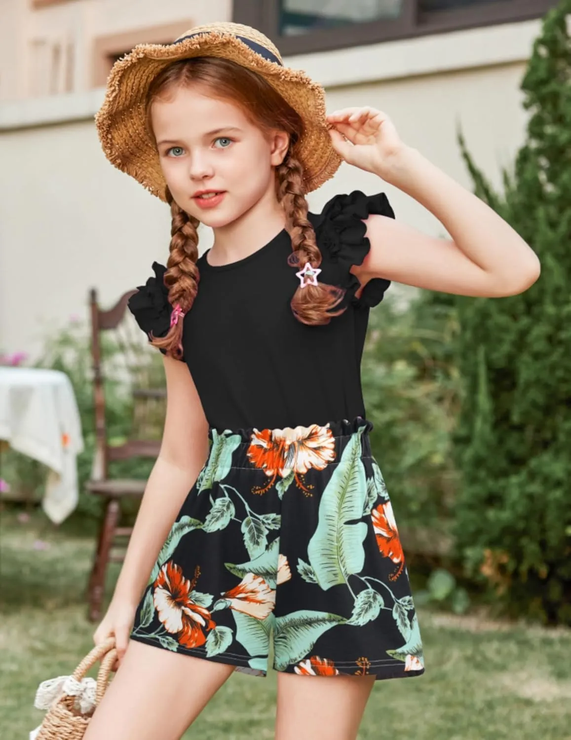 Arshiner Girls 2 Piece Outfits Summer Clothes Ruffle Short Sleeve Shirts Top and High Waist Paper Bag Shorts Set
