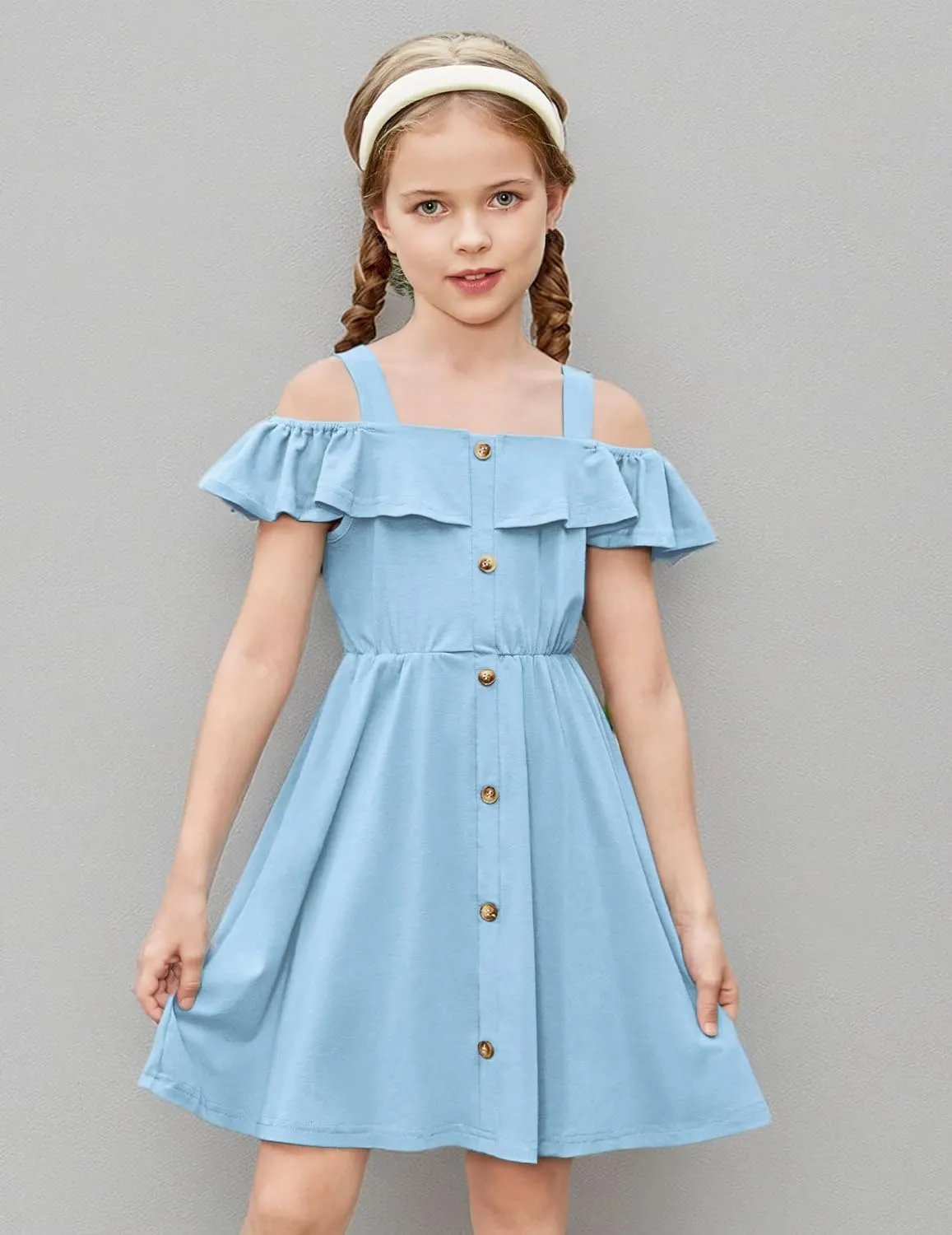 Arshiner Girls Dresses Summer Spaghetti Strap Cold Shoulder Ruffle Button Down A Line Dresses