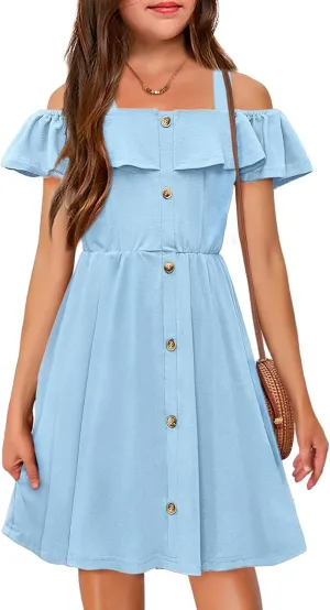 Arshiner Girls Dresses Summer Spaghetti Strap Cold Shoulder Ruffle Button Down A Line Dresses