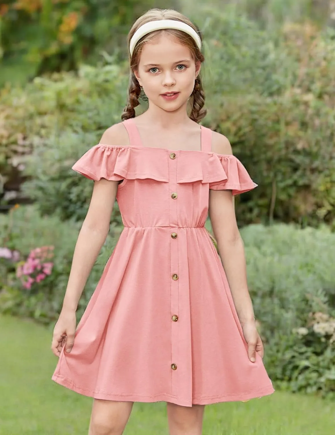 Arshiner Girls Dresses Summer Spaghetti Strap Cold Shoulder Ruffle Button Down A Line Dresses