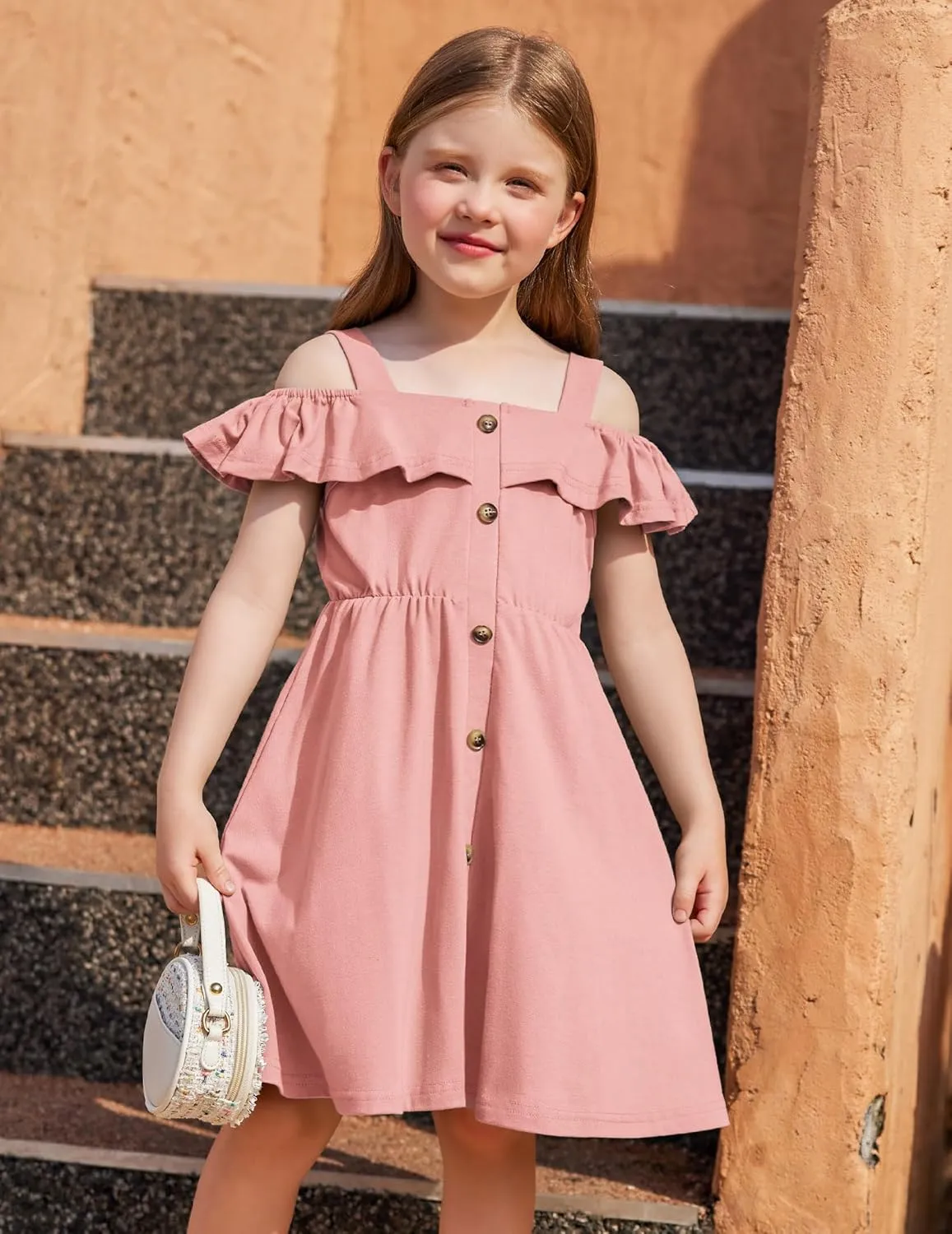 Arshiner Girls Dresses Summer Spaghetti Strap Cold Shoulder Ruffle Button Down A Line Dresses