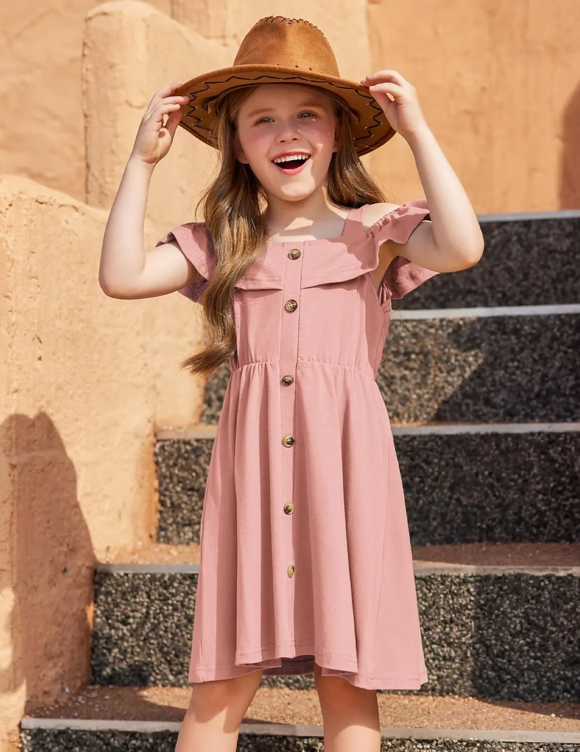 Arshiner Girls Dresses Summer Spaghetti Strap Cold Shoulder Ruffle Button Down A Line Dresses