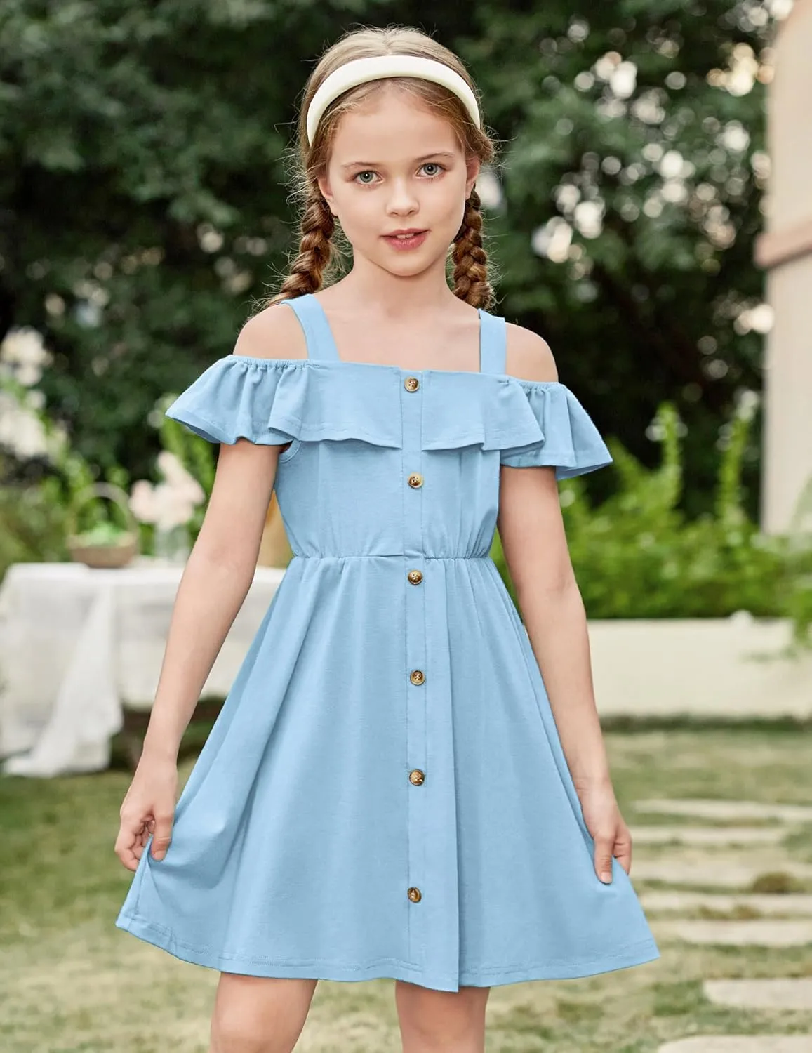 Arshiner Girls Dresses Summer Spaghetti Strap Cold Shoulder Ruffle Button Down A Line Dresses