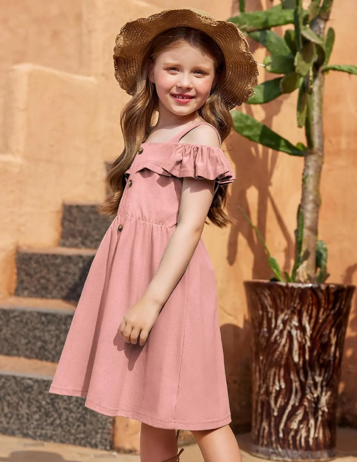 Arshiner Girls Dresses Summer Spaghetti Strap Cold Shoulder Ruffle Button Down A Line Dresses
