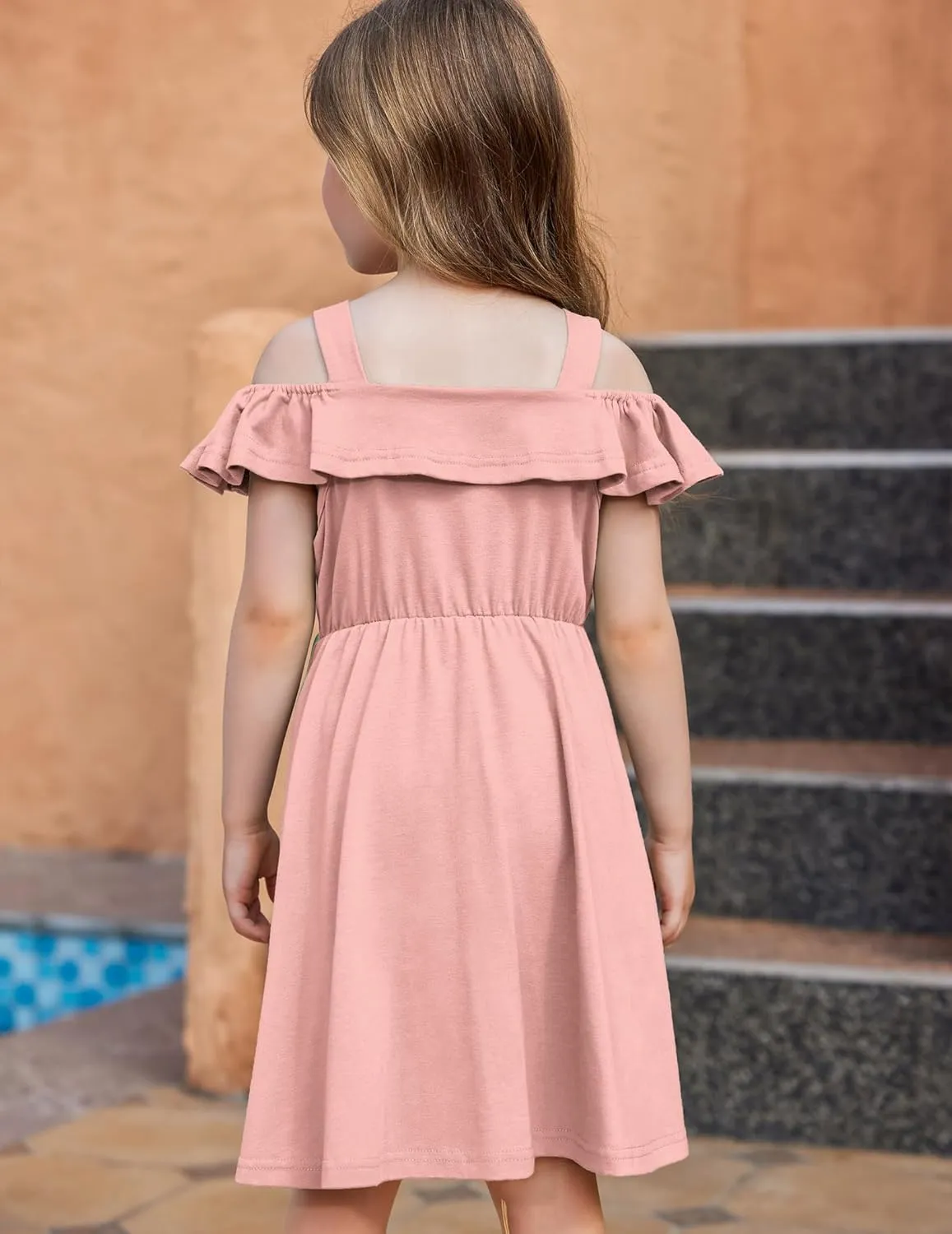 Arshiner Girls Dresses Summer Spaghetti Strap Cold Shoulder Ruffle Button Down A Line Dresses