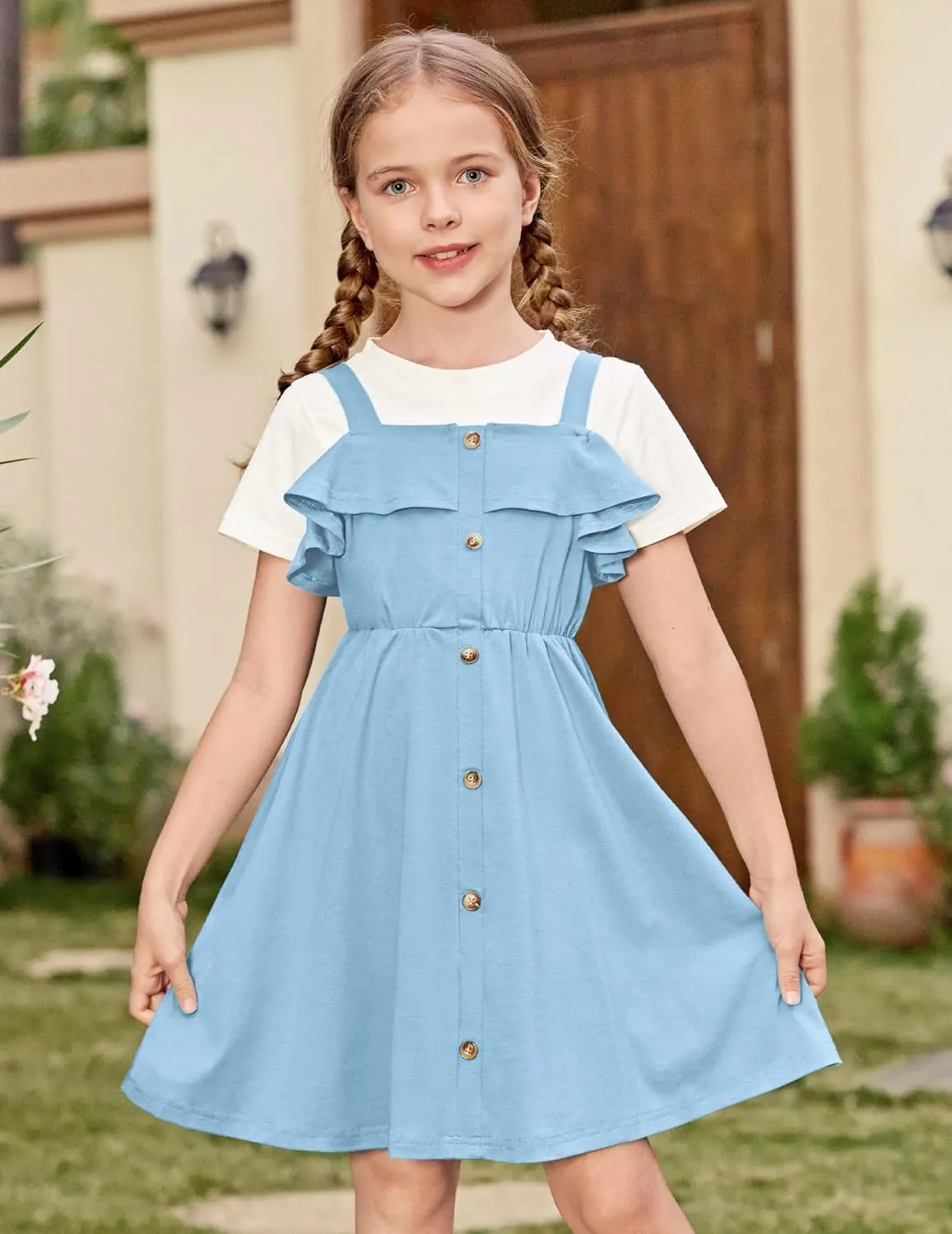 Arshiner Girls Dresses Summer Spaghetti Strap Cold Shoulder Ruffle Button Down A Line Dresses