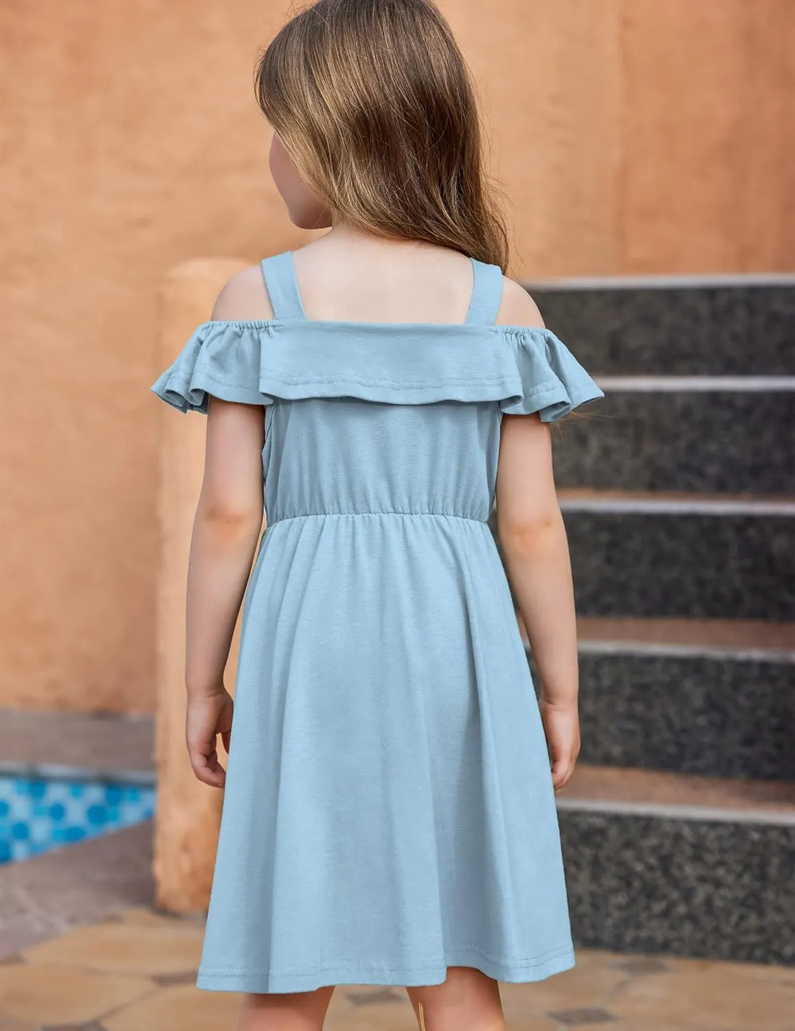 Arshiner Girls Dresses Summer Spaghetti Strap Cold Shoulder Ruffle Button Down A Line Dresses