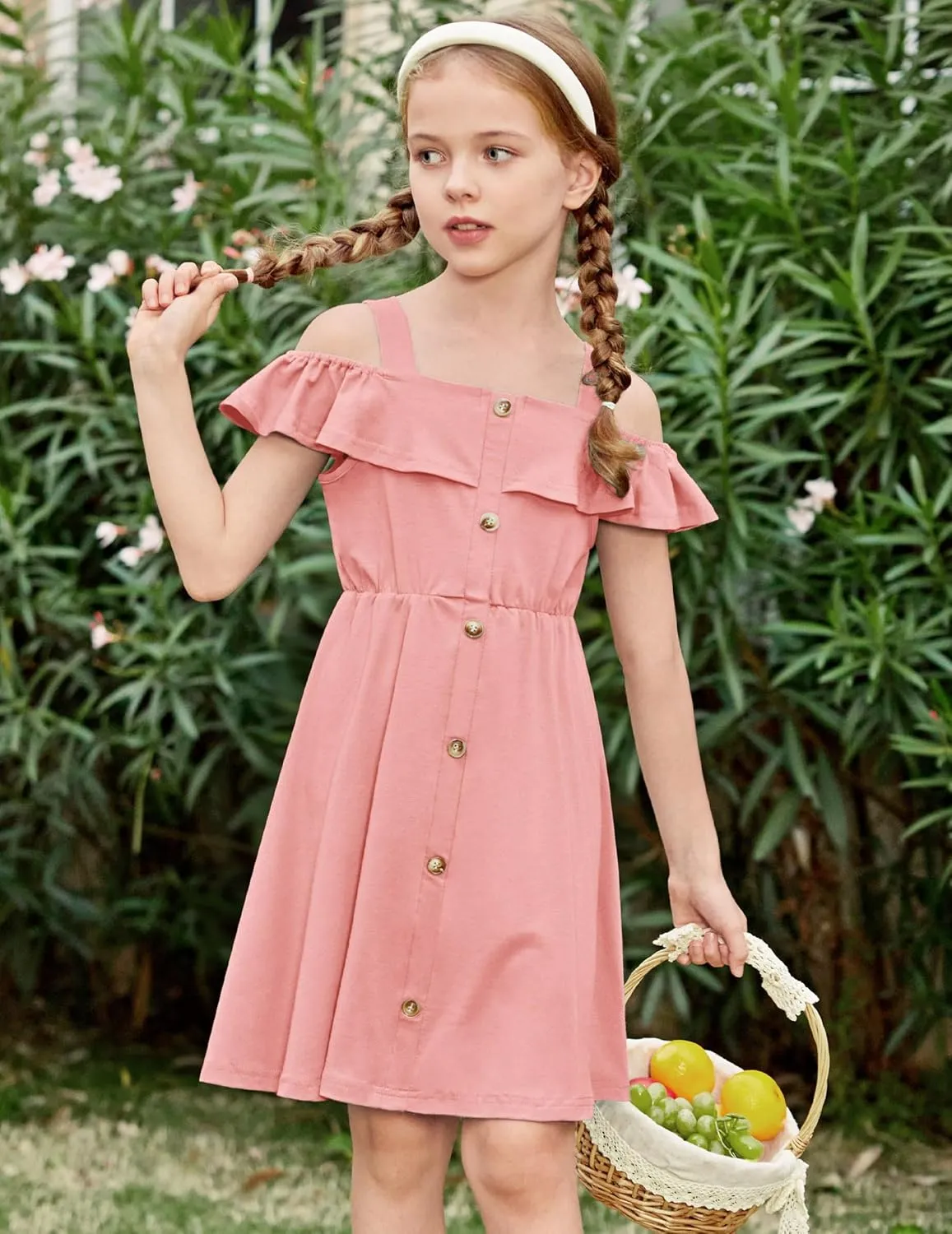 Arshiner Girls Dresses Summer Spaghetti Strap Cold Shoulder Ruffle Button Down A Line Dresses