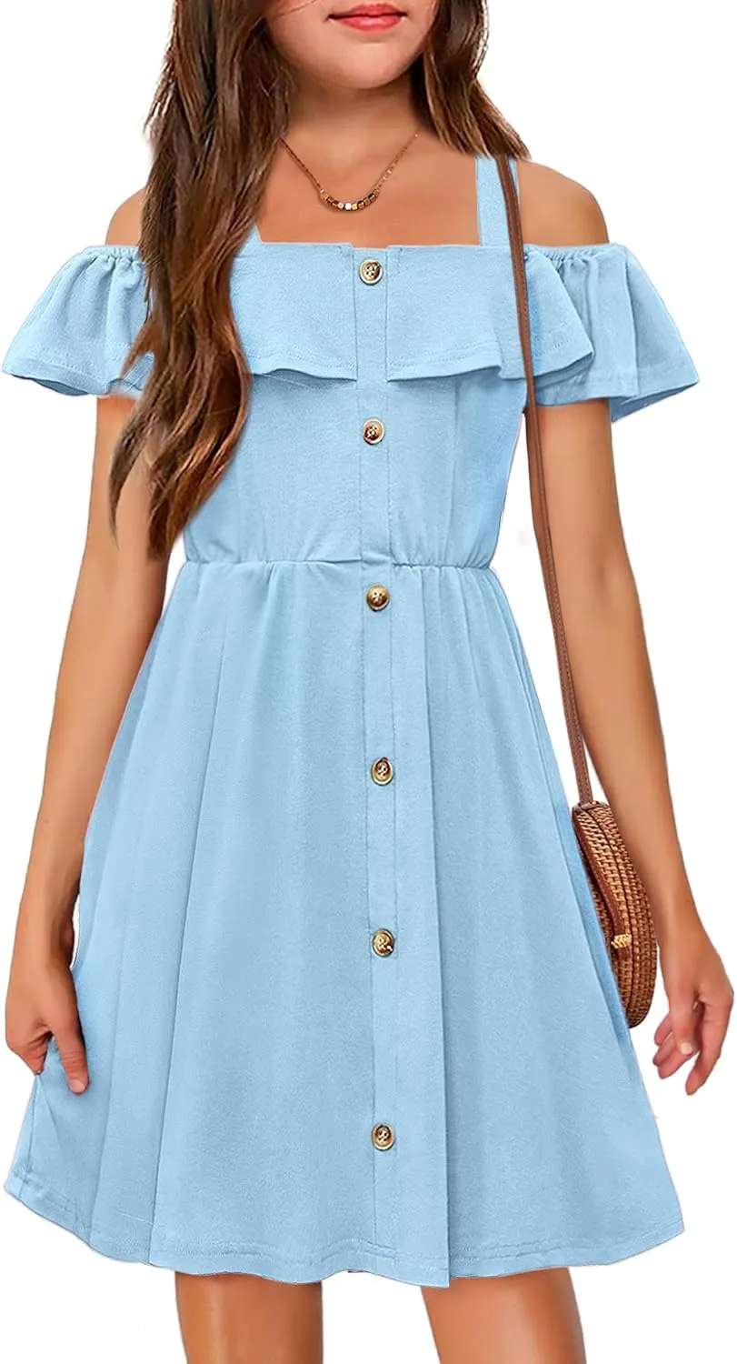 Arshiner Girls Dresses Summer Spaghetti Strap Cold Shoulder Ruffle Button Down A Line Dresses