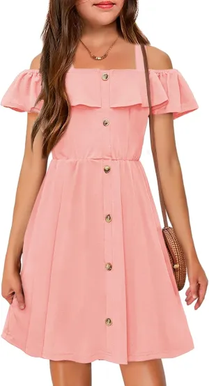 Arshiner Girls Dresses Summer Spaghetti Strap Cold Shoulder Ruffle Button Down A Line Dresses