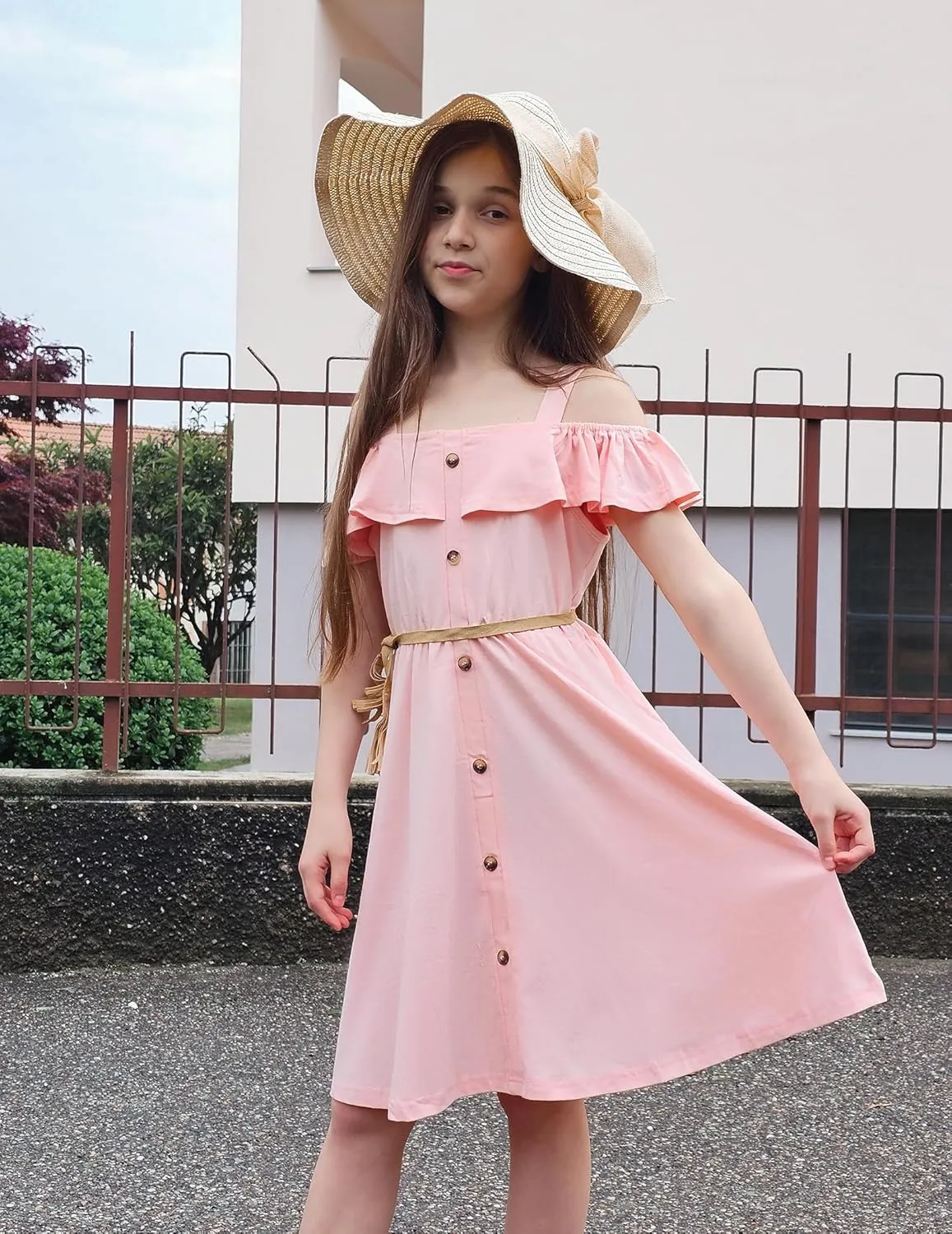 Arshiner Girls Dresses Summer Spaghetti Strap Cold Shoulder Ruffle Button Down A Line Dresses