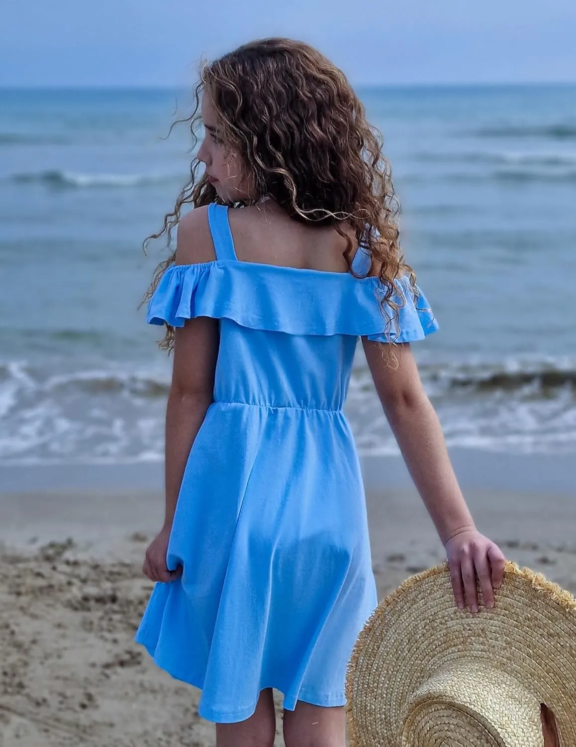Arshiner Girls Dresses Summer Spaghetti Strap Cold Shoulder Ruffle Button Down A Line Dresses