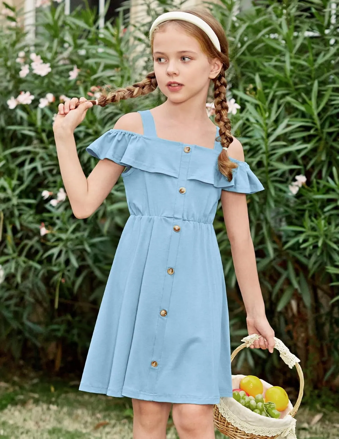 Arshiner Girls Dresses Summer Spaghetti Strap Cold Shoulder Ruffle Button Down A Line Dresses
