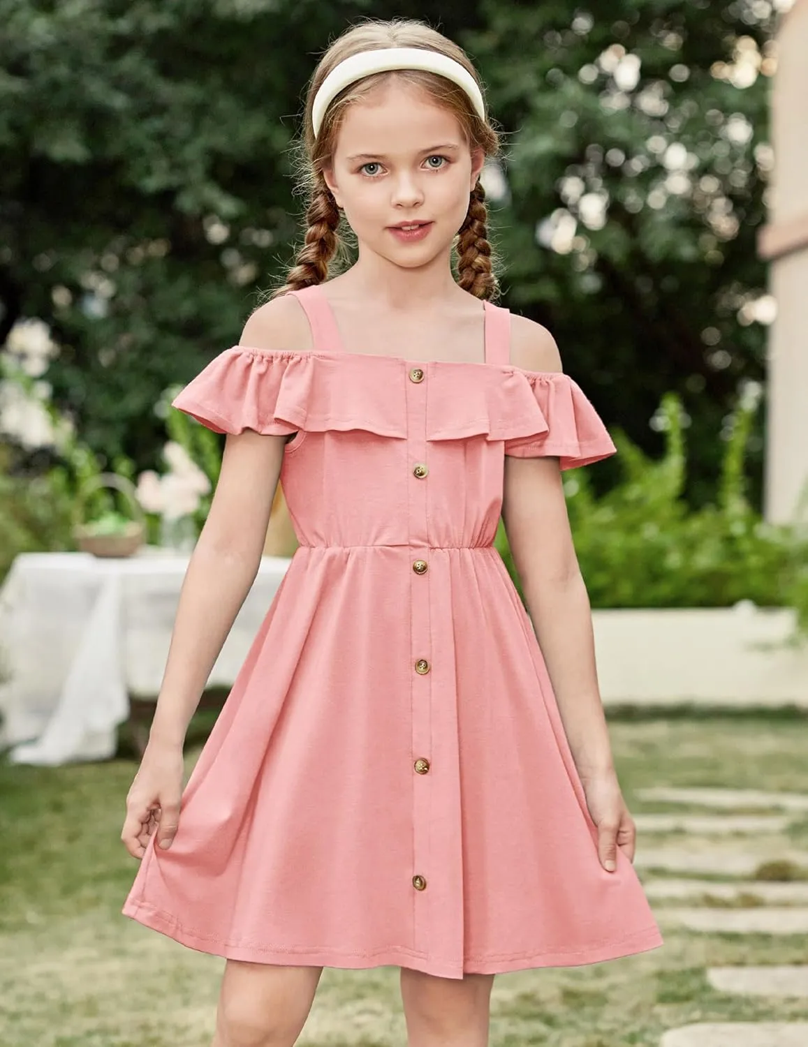 Arshiner Girls Dresses Summer Spaghetti Strap Cold Shoulder Ruffle Button Down A Line Dresses