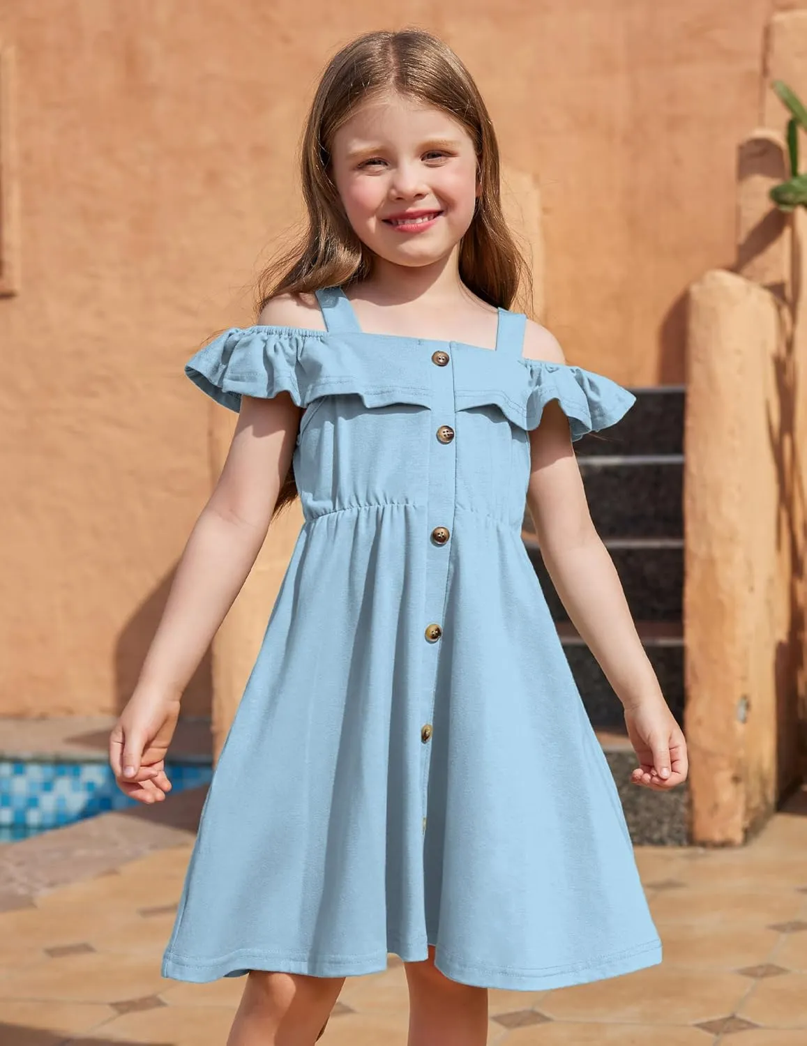 Arshiner Girls Dresses Summer Spaghetti Strap Cold Shoulder Ruffle Button Down A Line Dresses