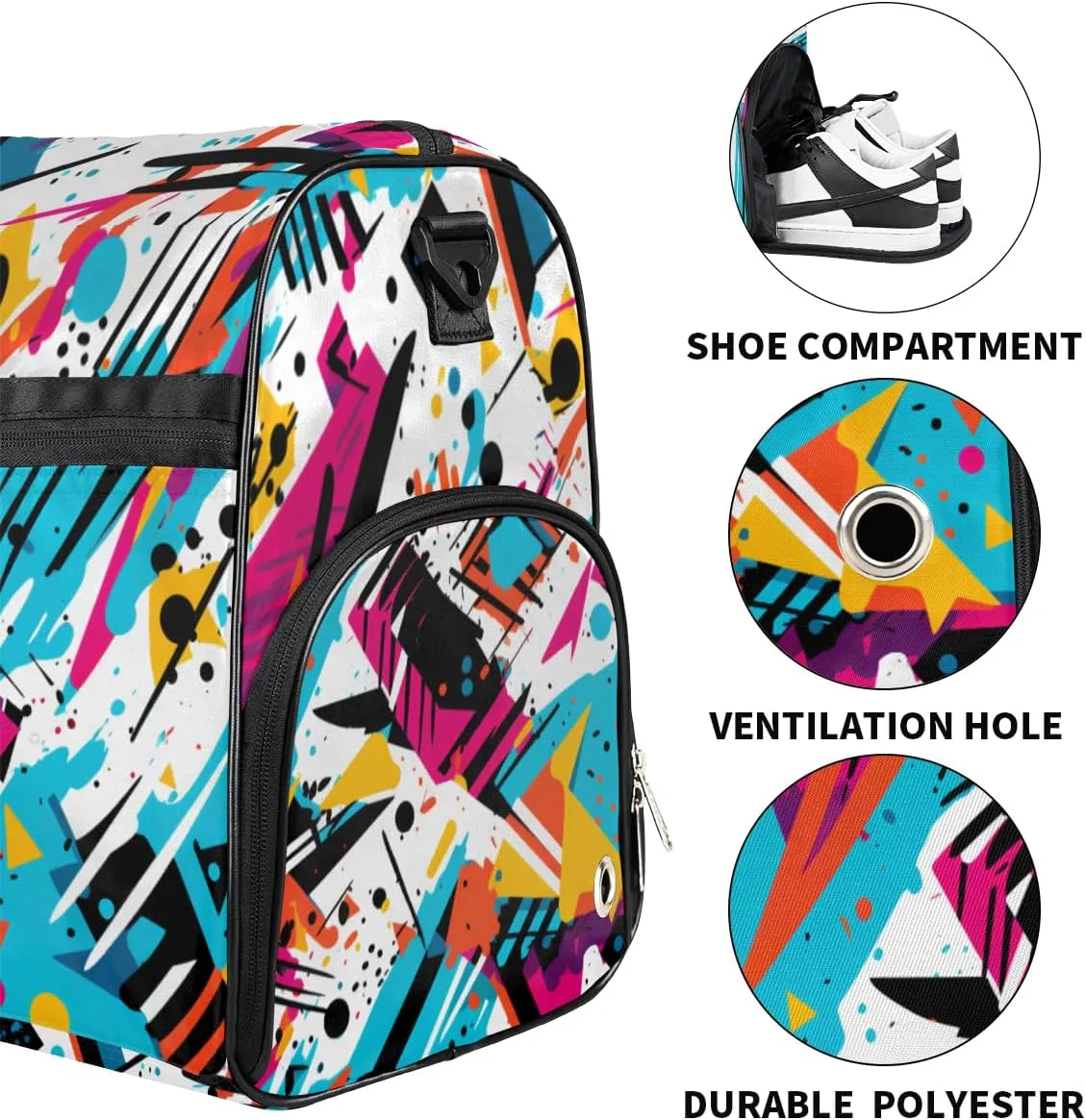 Art Colorful Travel Duffel Bag, Abstract Ink Print Sports Tote Gym Bag with Wet Pocket & Shoes Compartment Foldable Weekender Bag Workout Bag Carry on Luggage Handle Bag Overnight Bag for Women