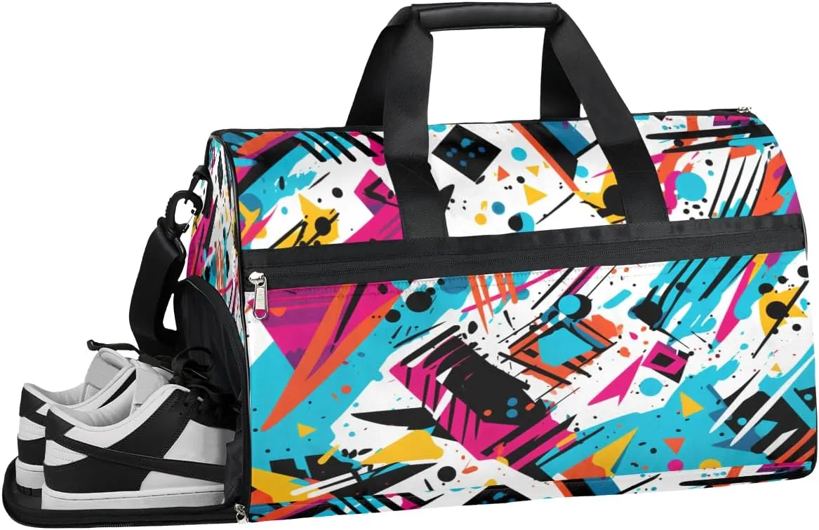 Art Colorful Travel Duffel Bag, Abstract Ink Print Sports Tote Gym Bag with Wet Pocket & Shoes Compartment Foldable Weekender Bag Workout Bag Carry on Luggage Handle Bag Overnight Bag for Women
