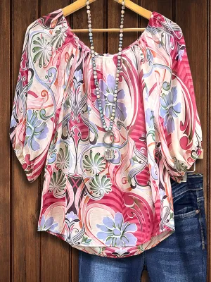 Art Floral Print Puff Sleeve Blouse