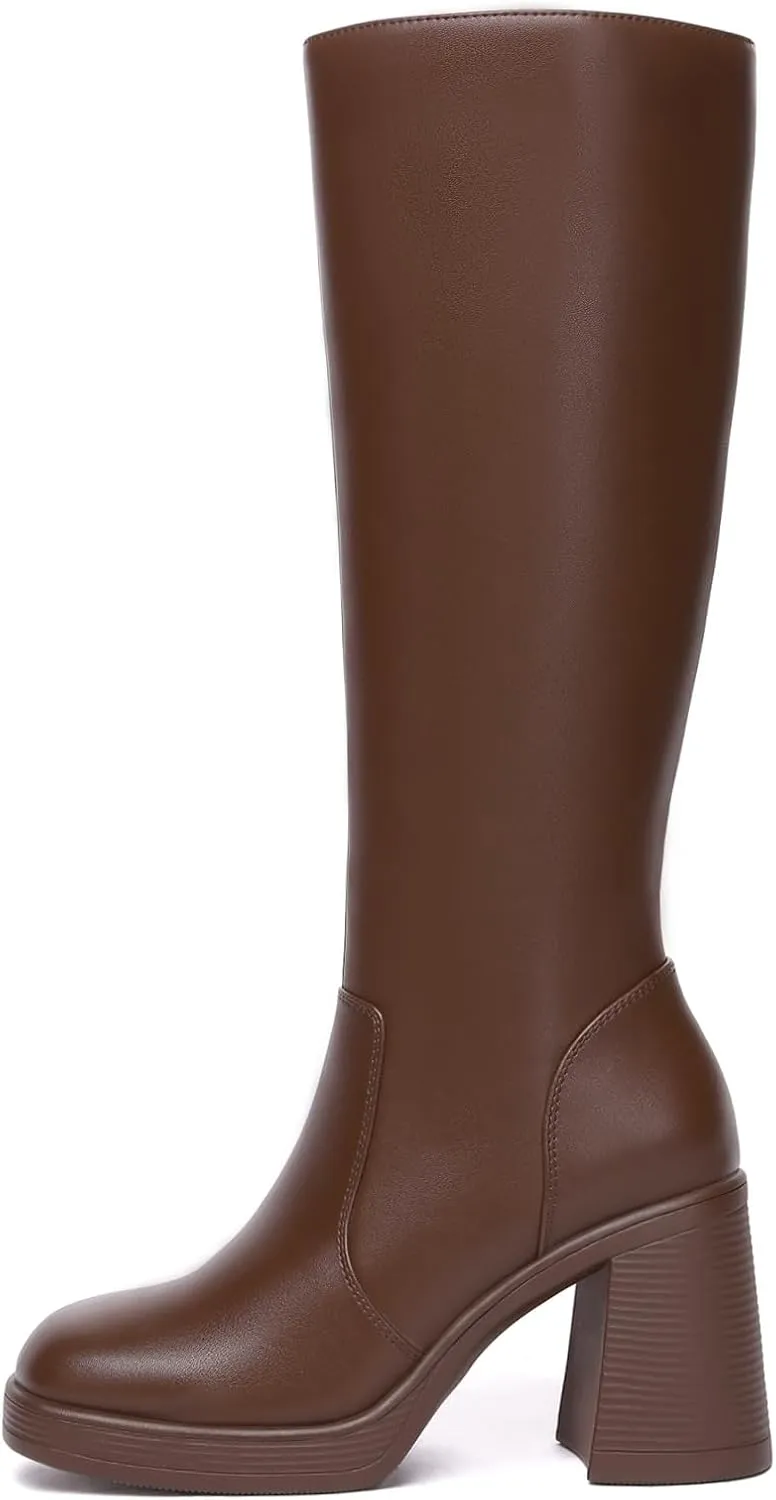 Athlefit Black Knee High Boots for Women Platform Tall Boots Fashion Square Toe Chunky Heeled Booties