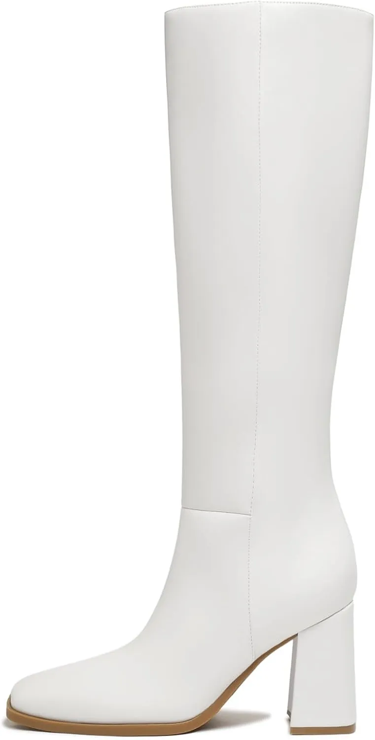 Athlefit Women's Knee High Boots Fashion Chunky Heel Square Toe Tall Boots Side Zipper Long Boots