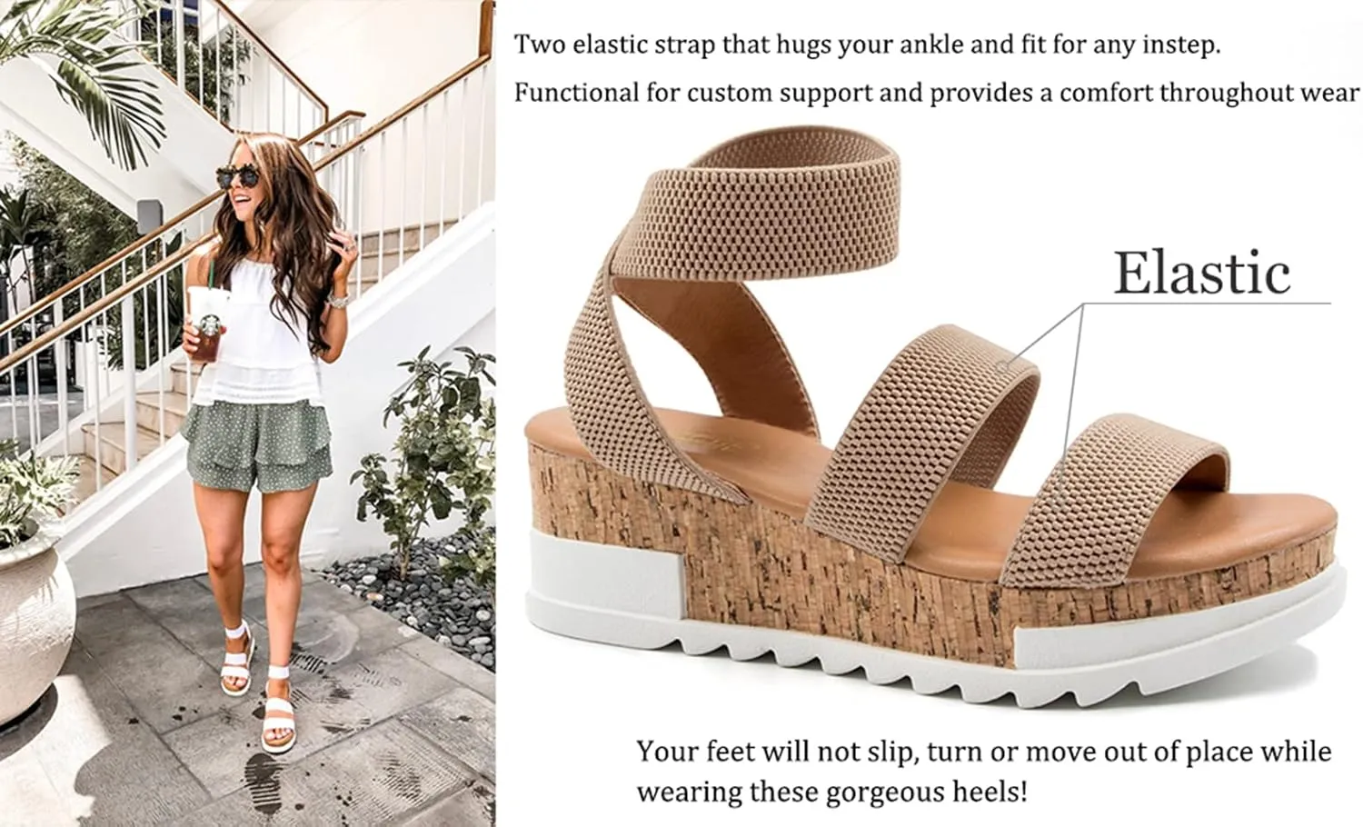 Athlefit Women's Wedge Sandals Platform Sandals Cork Elastic Strap Platform Sandals
