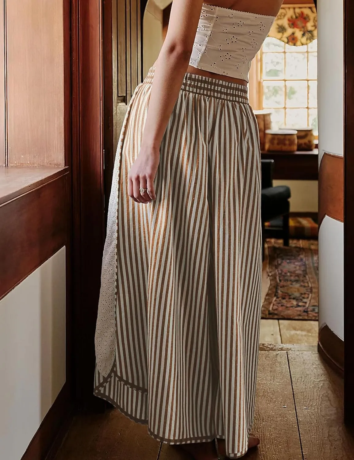 Athlisan Womens Summer Casual Loose Striped Wide Leg Lounge Pants Elastic Waist Palazzo Trousers