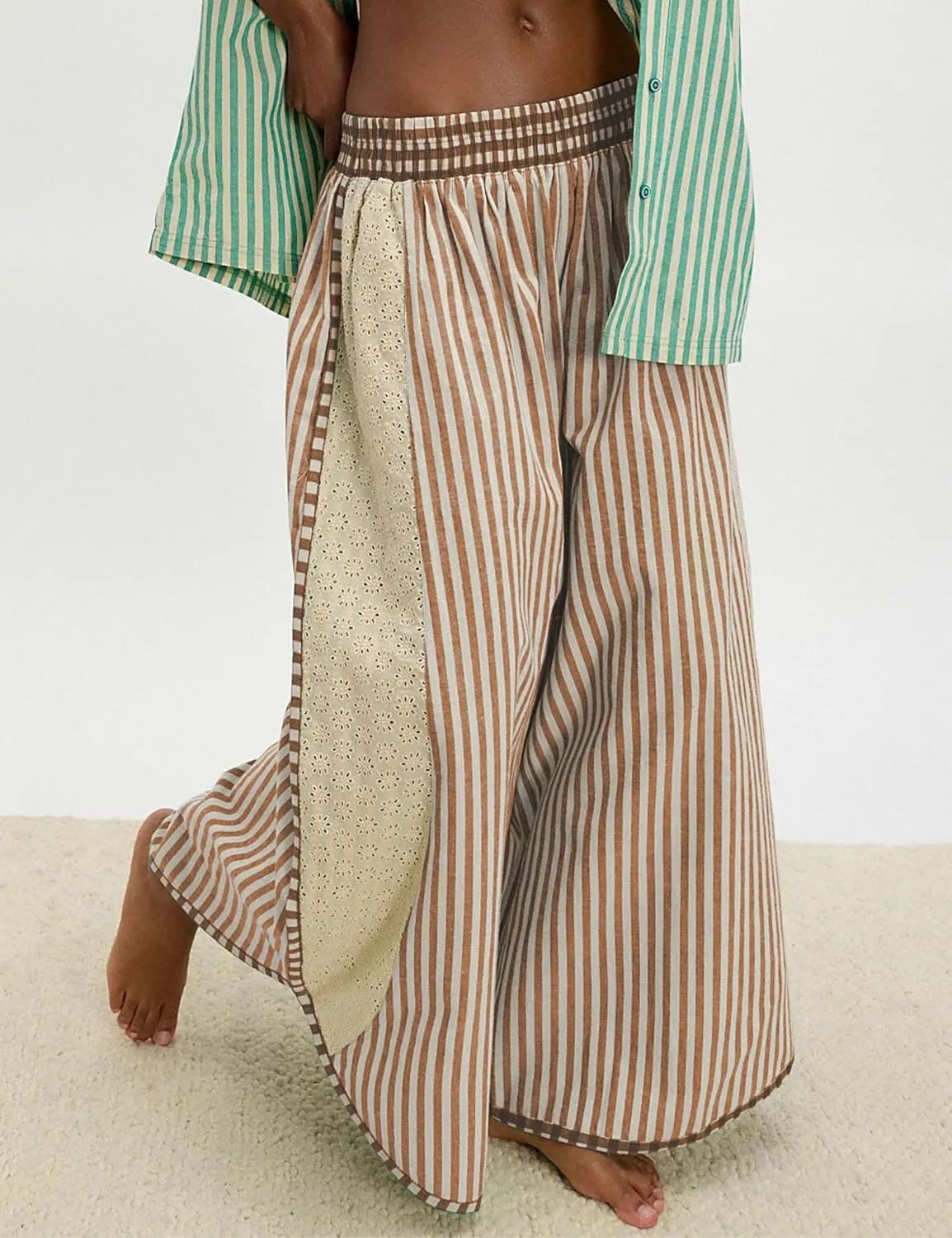 Athlisan Womens Summer Casual Loose Striped Wide Leg Lounge Pants Elastic Waist Palazzo Trousers
