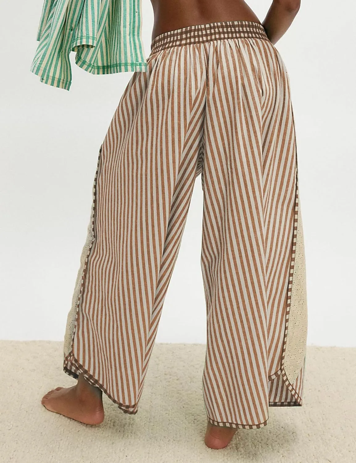 Athlisan Womens Summer Casual Loose Striped Wide Leg Lounge Pants Elastic Waist Palazzo Trousers