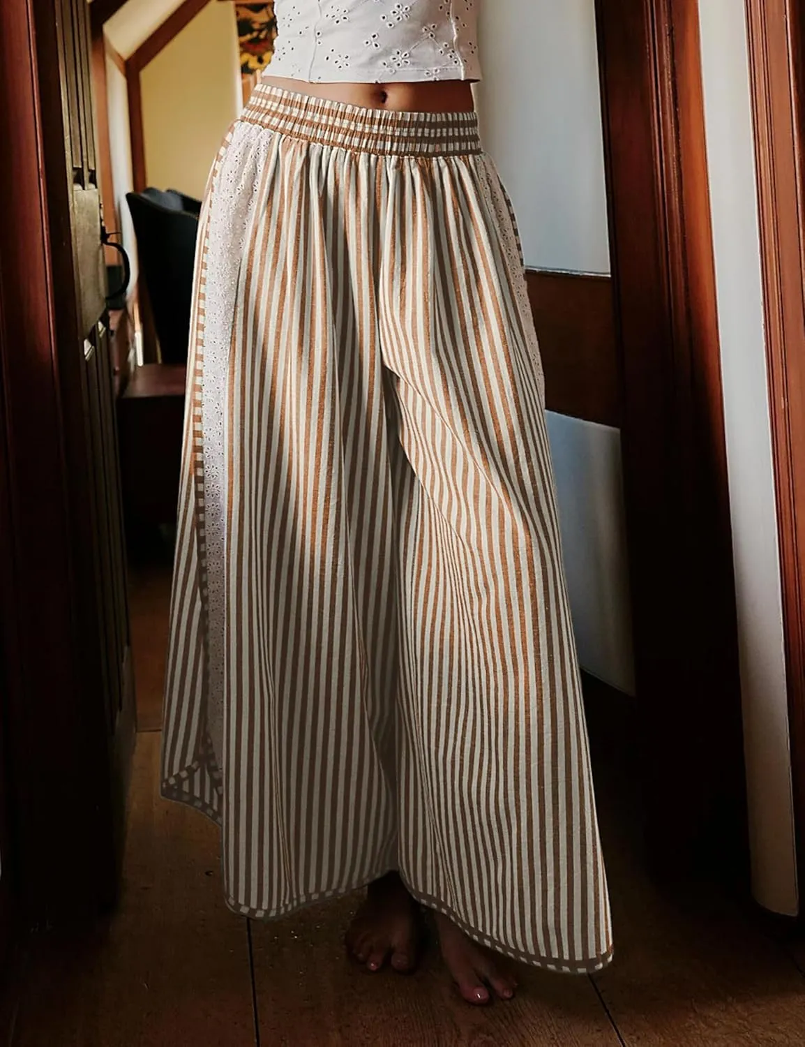 Athlisan Womens Summer Casual Loose Striped Wide Leg Lounge Pants Elastic Waist Palazzo Trousers