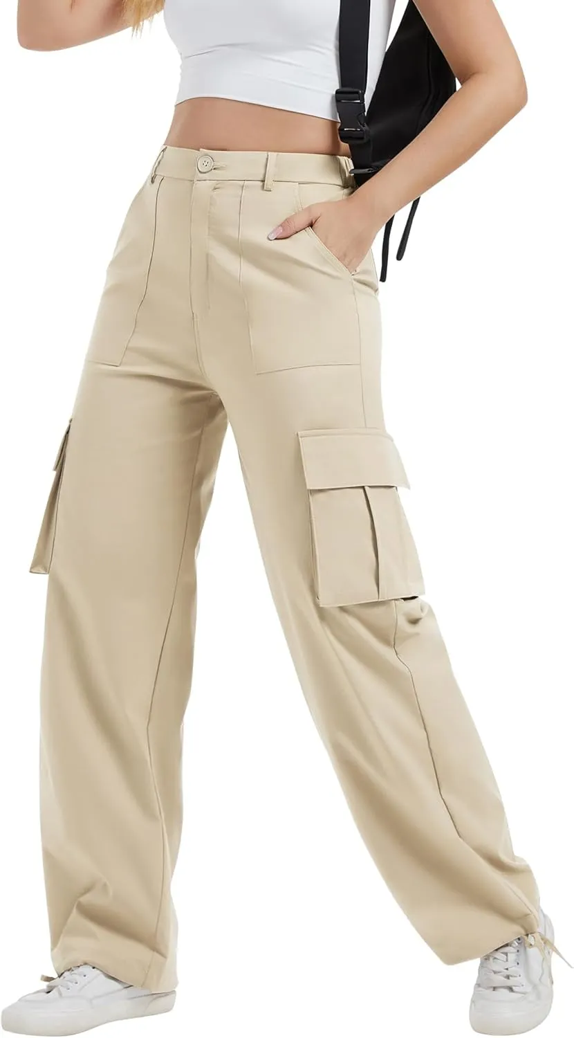 AVAMO Stretchy Cargo Pants for Women with Pockets High Waisted Baggy Wide Leg Y2K Lightweight Hiking Casual Streetwear