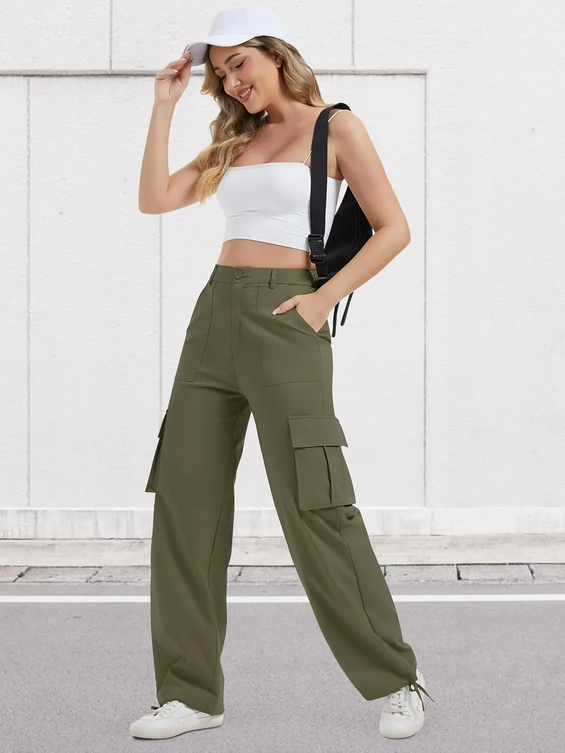 AVAMO Stretchy Cargo Pants for Women with Pockets High Waisted Baggy Wide Leg Y2K Lightweight Hiking Casual Streetwear