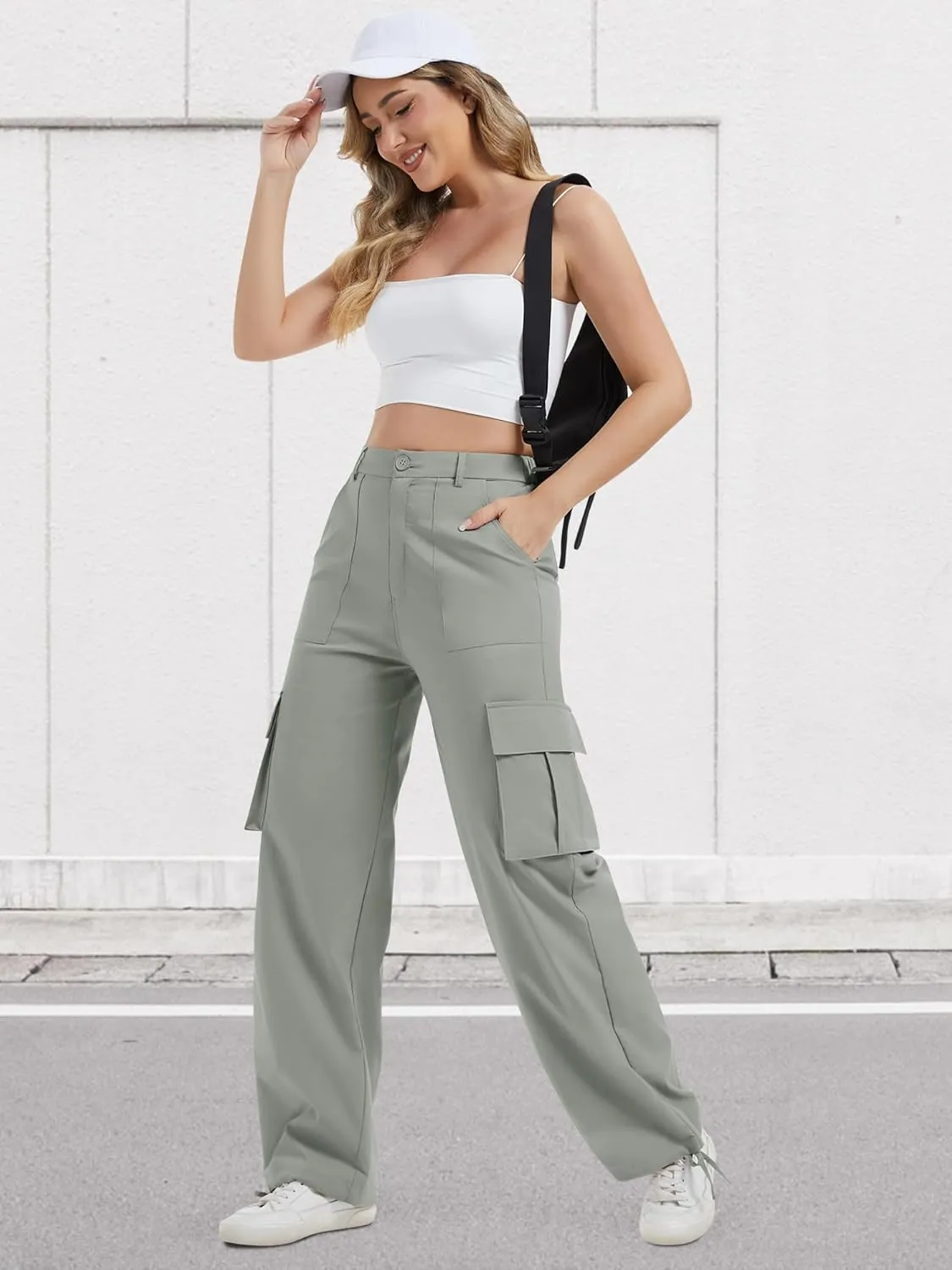 AVAMO Stretchy Cargo Pants for Women with Pockets High Waisted Baggy Wide Leg Y2K Lightweight Hiking Casual Streetwear