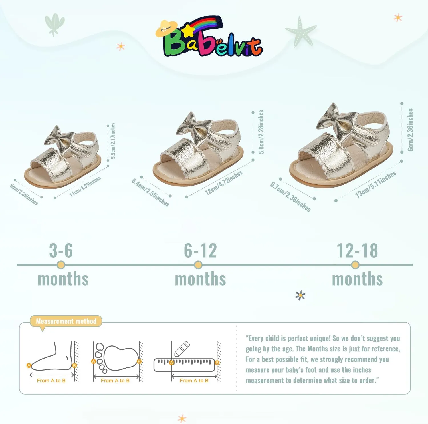 Babelvit Infant Baby Girl Boy Sandals Comfort Premium Summer Outdoor Casual Beach Shoes with Flower Bowknot Anti Slip Rubber Sole Newborn Toddler Prewalker First Walking Shoes