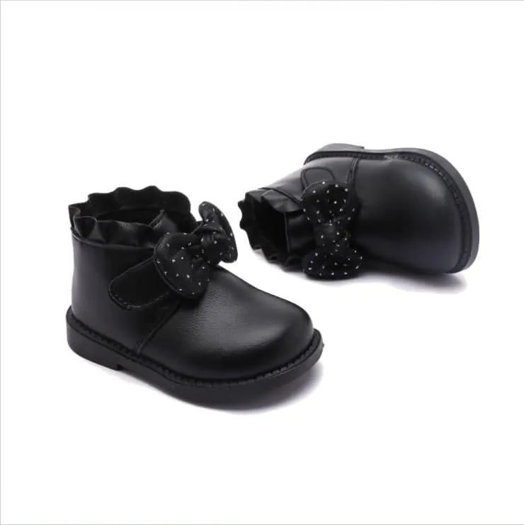 Baby Girls' Soft Leather Ankle Boots Non-slip with Bow Booties for Infant Toddler 9-24 Months First Walking Shoes