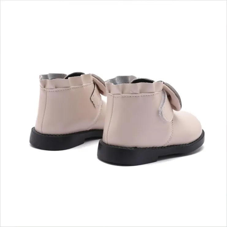 Baby Girls' Soft Leather Ankle Boots Non-slip with Bow Booties for Infant Toddler 9-24 Months First Walking Shoes