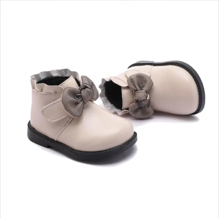 Baby Girls' Soft Leather Ankle Boots Non-slip with Bow Booties for Infant Toddler 9-24 Months First Walking Shoes