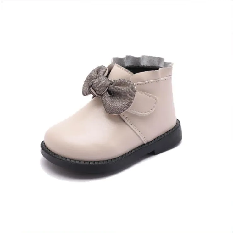 Baby Girls' Soft Leather Ankle Boots Non-slip with Bow Booties for Infant Toddler 9-24 Months First Walking Shoes